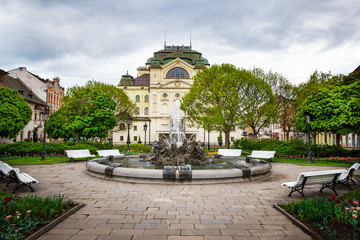 Fountain in front of State Theatre at Main square in Kosice (SLOVAKIA)
