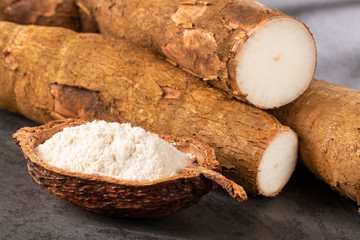 Raw yucca starch - Manihot esculenta. Text space