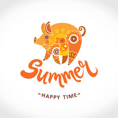 Sunny Pig. Cute cartoon piggy. Handwritten calligraphy design logo Summer 2019. Stylish seasonal pattern. Vector illustration for season banner, label, poster.