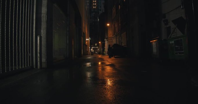 Establishing shot of a dark alleyway at night. Atmospheric 4K footage. Shot on a cinema camera in RAW. No discernible faces or logos.