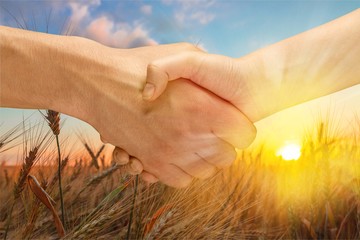 Men hands on sunset background