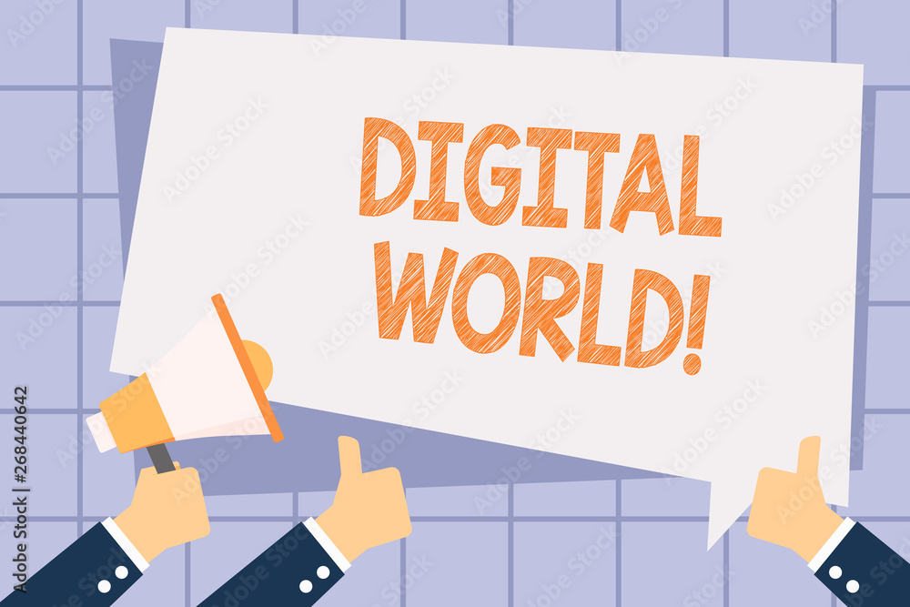 Poster writing note showing digital world. business concept for inter connected through digital devices and