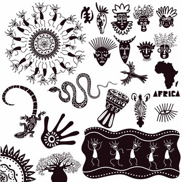 Ethnic ornaments of africa. A collection of ancient signs isolated on a white background. Vector set.