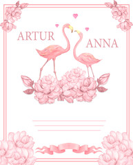 Flamingo wedding invitation, greeting card with pink flamingos. Beautiful watercolor illustration of love birds flamingos. celebration and invite postcard pink background