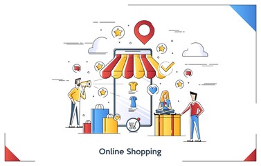 Flat line art illustration concept of Online Shopping. Vector banner, icon, illustration, landing page. Mobile Shopping. Interacting people.