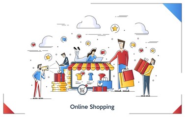 Flat line art illustration concept of Online Shopping. Vector banner, icon, illustration, landing page. Laptop Shopping. Interacting people.