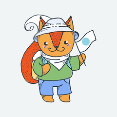 Cute little fox, cartoon hand drawn vector illustration. Cute for baby coloring pages, t-shirt print, fashion prints and other