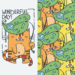 Set of cute cartoon animal and seamless pattern. Vector clip art illustration for children design, cards, prints, coloring books