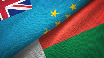 Tuvalu and Madagascar two flags textile cloth, fabric texture