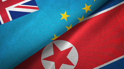 Tuvalu and North Korea two flags textile cloth, fabric texture