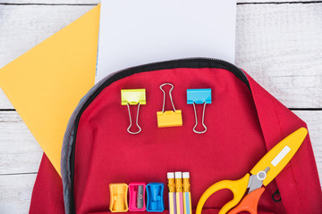 Naklejka premium Top view Red bag backpack for education children