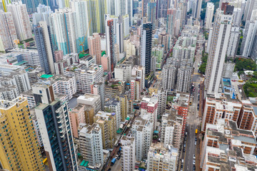 Fototapeta na wymiar Drone fly over Hong Kong urban city