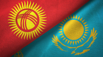 Kyrgyzstan and Kazakhstan two flags textile cloth, fabric texture