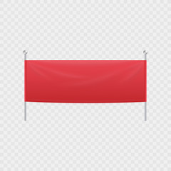 Blank red textile horizontal banner or billboard hanging on poles mockup vector.