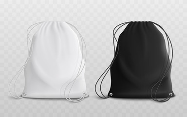 Set of blank drawstring bags mockup 3d realistic vector illustration.