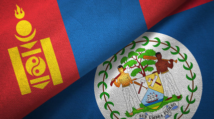 Mongolia and Belize two flags textile cloth, fabric texture 