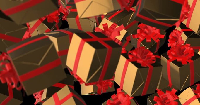 gift box gold red close up falling slow motion