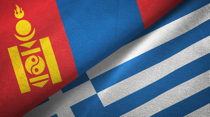 Mongolia and Greece two flags textile cloth, fabric texture