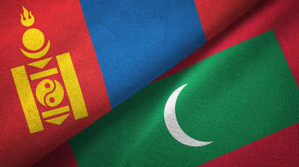 Mongolia and Maldives two flags textile cloth, fabric texture