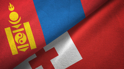 Mongolia and Tonga two flags textile cloth, fabric texture