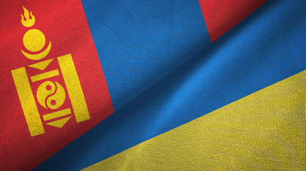 Mongolia and Ukraine two flags textile cloth, fabric texture