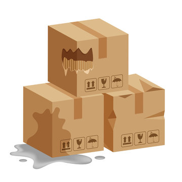 damaged crate boxes 3d, broken cardboard box, flat style cardboard parcel boxes wet, packaging cargo, isometric boxes torn, packaging box brown ripped, symbol carton box isolated white background