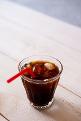 glass of iced coffee on white wooden table