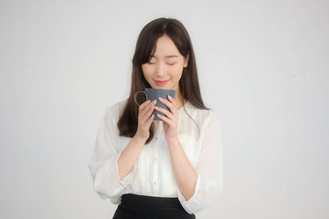 portrait of thai china adult office girl white shirt drinking coffee