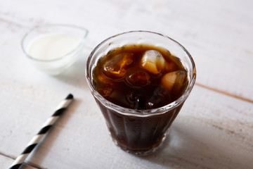 glass of iced coffee on white wooden table
