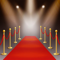 Award ceremony red carpet illuminated by spotlights vector illustration.