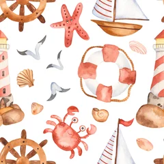 Stickers meubles Animaux marins Modèle sans couture aquarelle avec phare, pagaie, bateau. Texture pour papier peint, tissus, textiles, emballages, design marin.