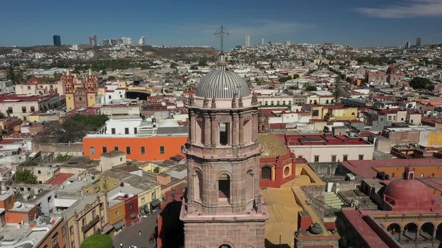Aerial drone view over San Francisco Temple in Queretaro City, Mexico