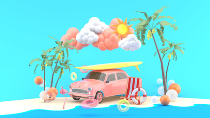 Car and surfboard surrounded by colorful balls by the sea.-3d rendering.