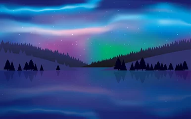 Photo sur Plexiglas Blue nuit paysage de lumière nordique colorée à la rivière dans la nuit
