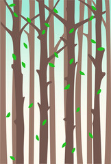 Falling foliage against the background of tree trunks. Vector backdrop