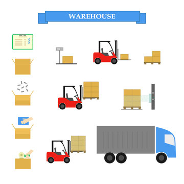 Packing boxes in the warehouse for shipment. Work in the stock. Vector illustration