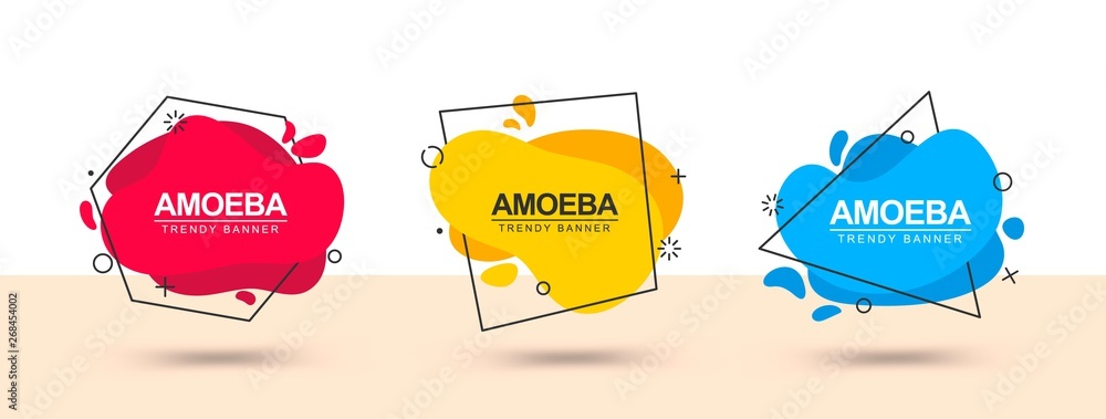 Poster Abstract flat banners with black contours in the form of square, polygon, triangle in the style of memphis design. Bright banners for web advertising, ad, printing and more.