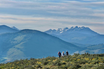 Active vacation in Washington. Group of friends walk in meadows to the mountains. North Cascades National Park. Winthrop. WA. United States of America © aquamarine4