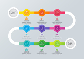 Year planner timeline infographics design vector and business icons with 9 options.