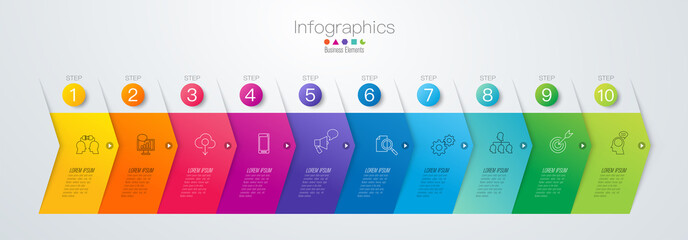 Timeline infographics design vector and business icons with 10 options.