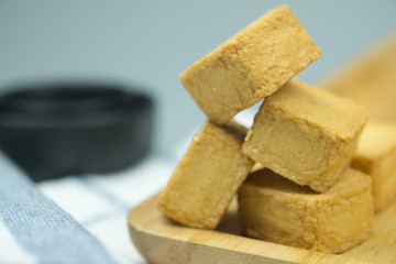 Fish meat tofu, yellow meatball square shape.
