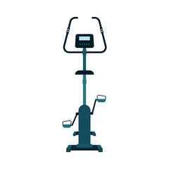 Front view of exercise bike with electronic screen monitor flat cartoon style