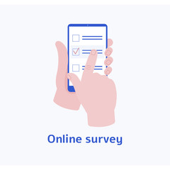Hand on a screen as a online survey and review concept vector isolated on white.