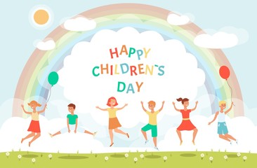 Obraz na płótnie Canvas Banner for children's day with happy children jumping flat vector illustration.
