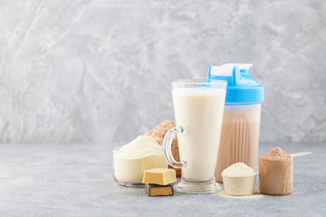 Protein shake bottle, powder and bars