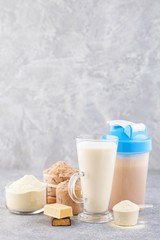 Protein shake bottle, powder and bars