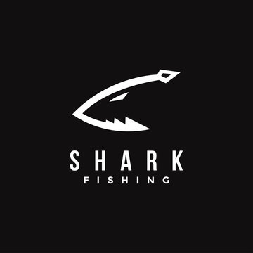 Fishing hook and shark logo icon vector template on black background, shark fishing logo