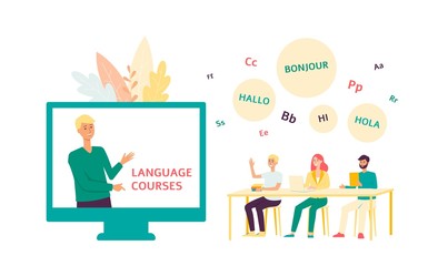 Online language course education, people learning with Internet and web technology