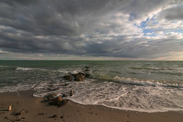 scenic sea scene with clouds, wind and waves
