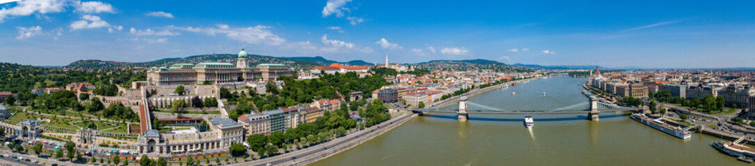 Fototapeta na wymiar Budapest Castle Chain Bridge and Danube aerial panorama